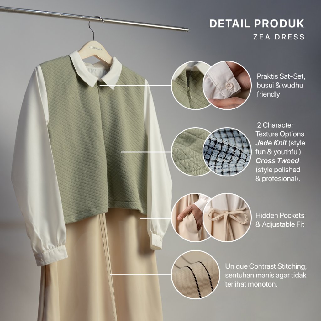 JILBRAVE Zea Dress Gamis Outer Vest 2in1 Layered Knit Tweed Anti Kusut Modest
