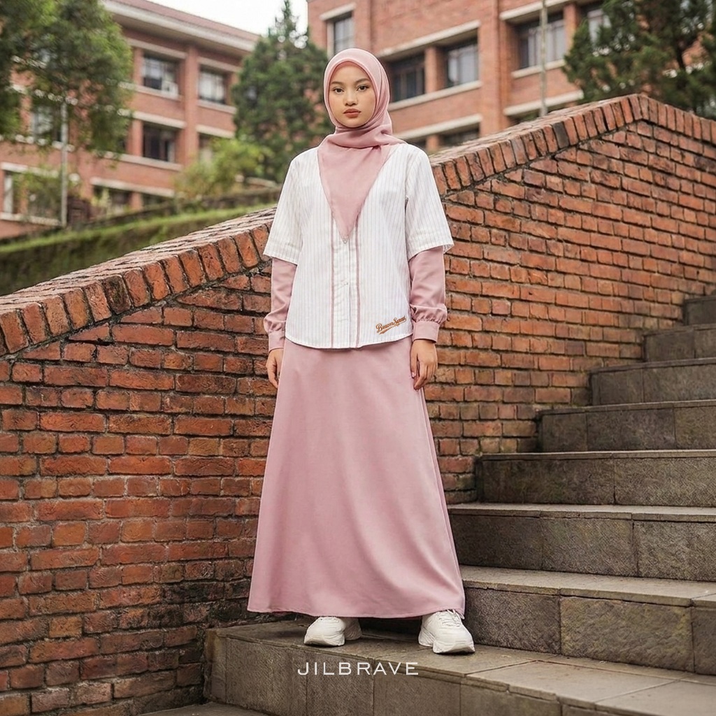 JILBRAVE Gamis Casual Sporty Cotton Set Outer Menyatu Bordir Muslimah - Kalsie Dress