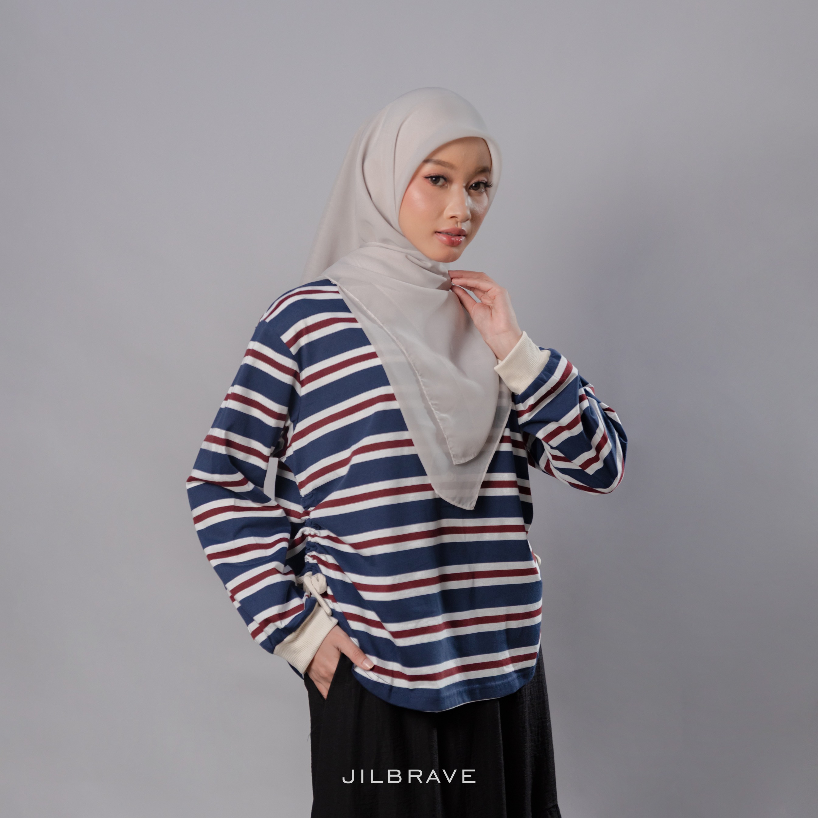 JILBRAVE Chloe Stripe Shirt Atasan Wanita Kaos Lengan Panjang Berkerah Casual Korean Style