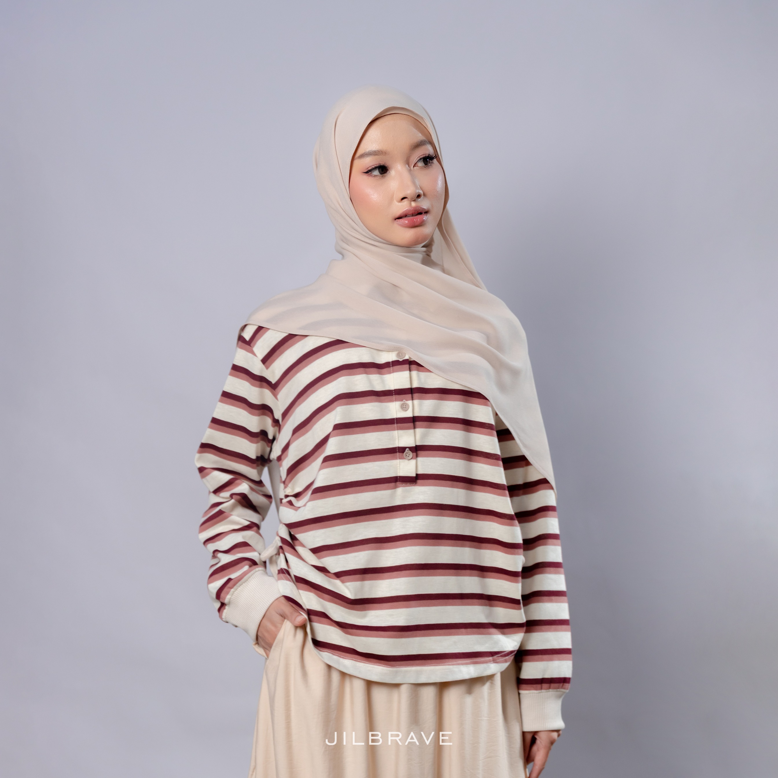 JILBRAVE Chloe Stripe Shirt Atasan Wanita Kaos Lengan Panjang Berkerah Casual Korean Style