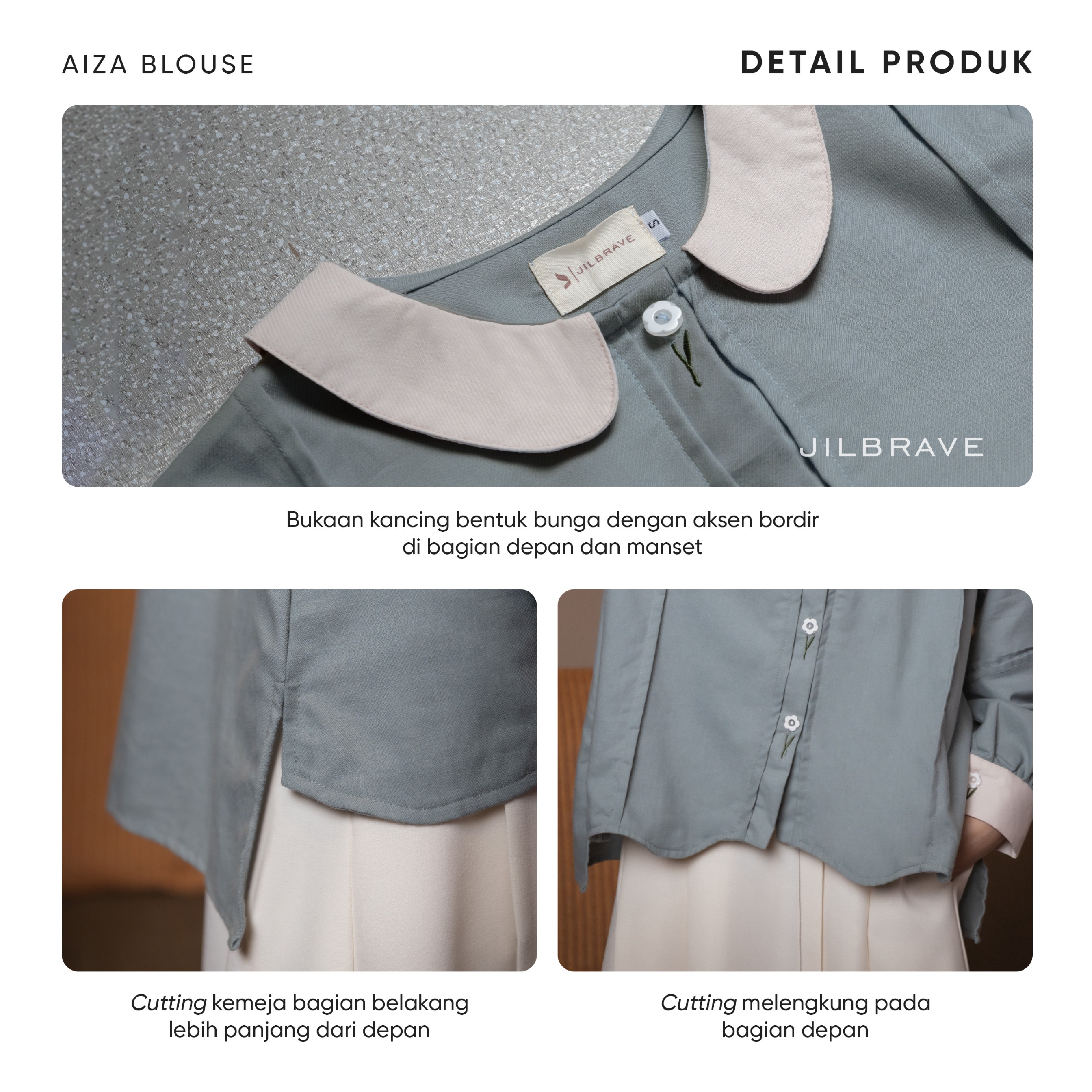 JILBRAVE Aiza Blouse Kemeja Cute Cutting Gelombang dengan Kancing Bunga Aksen Bordir Girly Korean Style