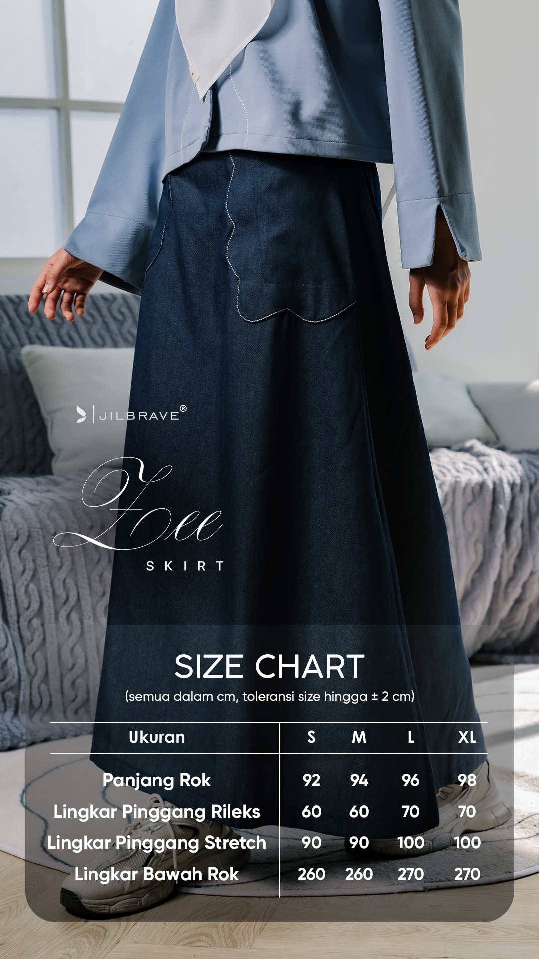 JILBRAVE Zee Denim Skirt Rok A Line Wavy Pocket Soft Jeans Modest Casual Hijab
