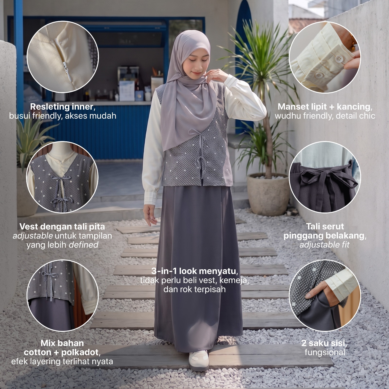 JILBRAVE Gia Dress - Gamis 3in1 Motif Polkadot Vest Menyatu