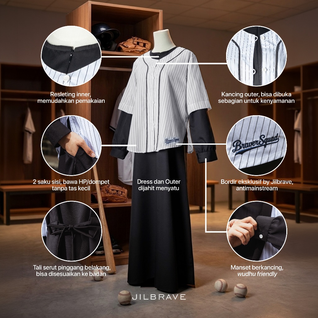 JILBRAVE Gamis Casual Sporty Cotton Set Outer Menyatu Bordir Muslimah - Kalsie Dress