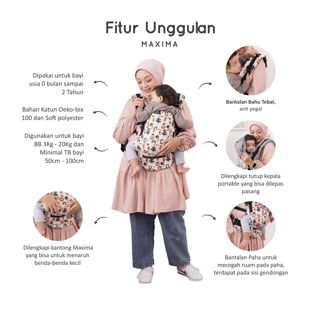 Maxima reguler motif by Nanababycarrier - gendongan bayi SSC M-shape newborn - 2 tahun