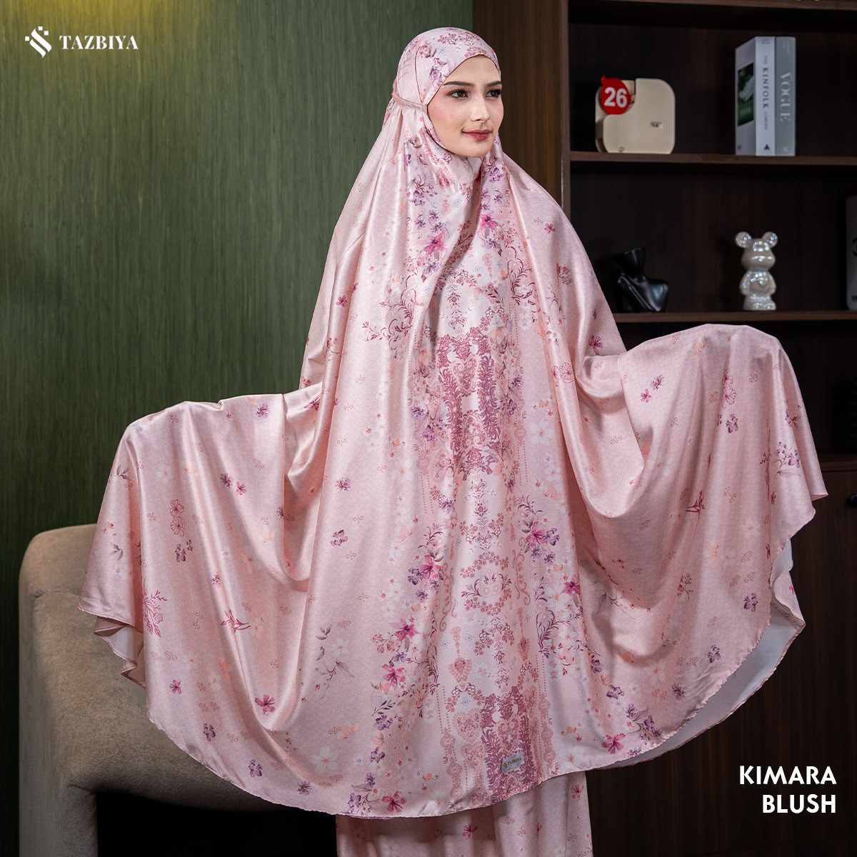 TAZBIYA - Mukena Silk KIMARA Series (Mukena Dewasa Motif Bunga Bahan Silk dengan Penutup Dagu + Sajadah Mini Pouch Cantik)