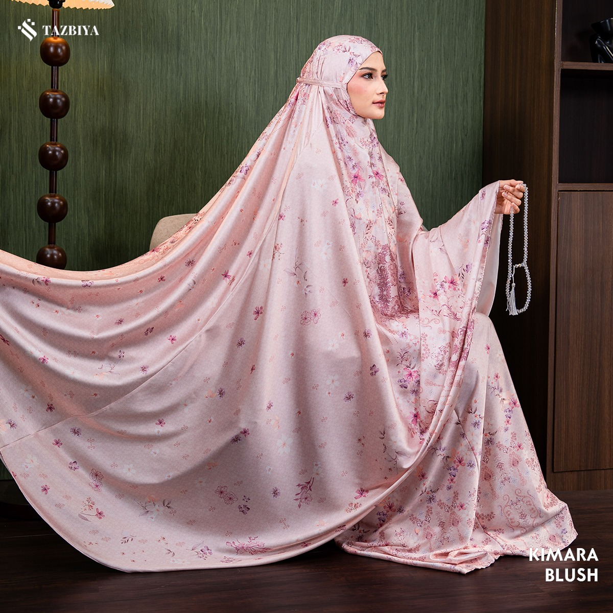 TAZBIYA - Mukena Silk KIMARA Series (Mukena Dewasa Motif Bunga Bahan Silk dengan Penutup Dagu + Sajadah Mini Pouch Cantik)