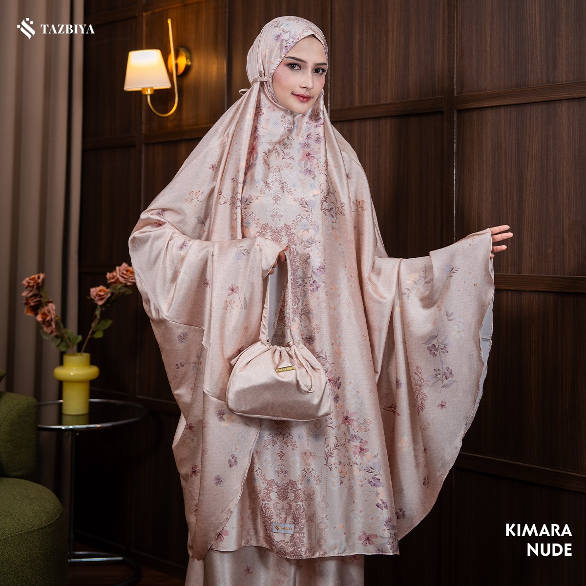 TAZBIYA - Mukena Silk KIMARA Series (Mukena Dewasa Motif Bunga Bahan Silk dengan Penutup Dagu + Sajadah Mini Pouch Cantik)