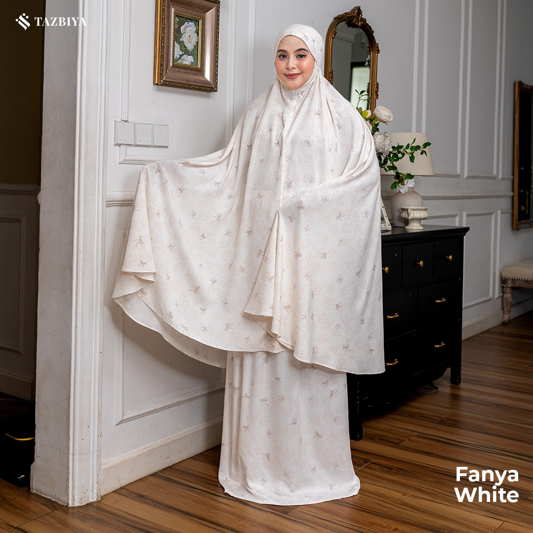 TAZBIYA - Mukena FANYA Series (Mukena Dewasa Motif Pita Coquette Lucu Bahan Rayon 2in1)