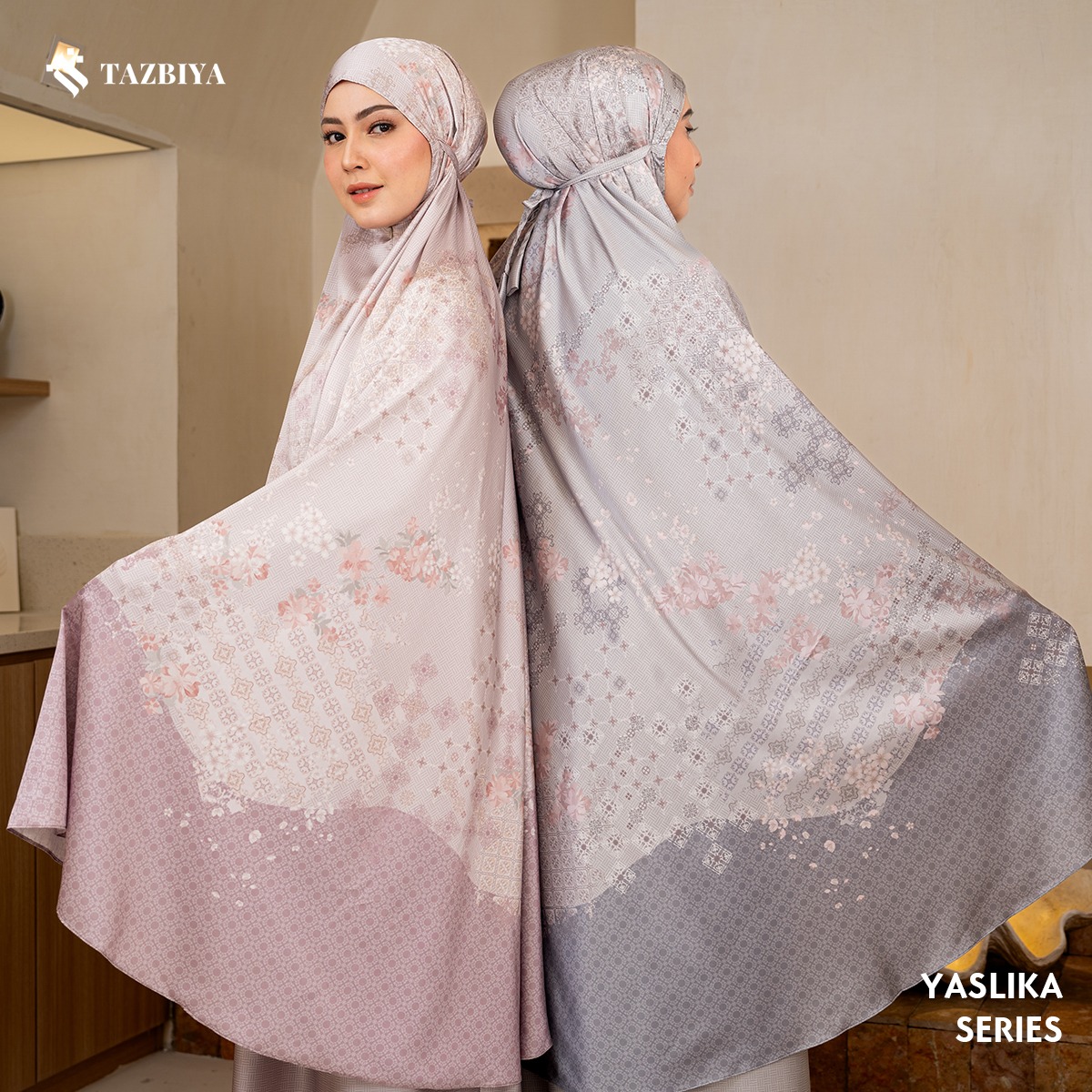 TAZBIYA - Mukena Silk YASLIKA Series (Mukena Dewasa Motif Bunga Bahan Silk 2 in 1 dengan Sajadah Mini Pouch Mutiara)