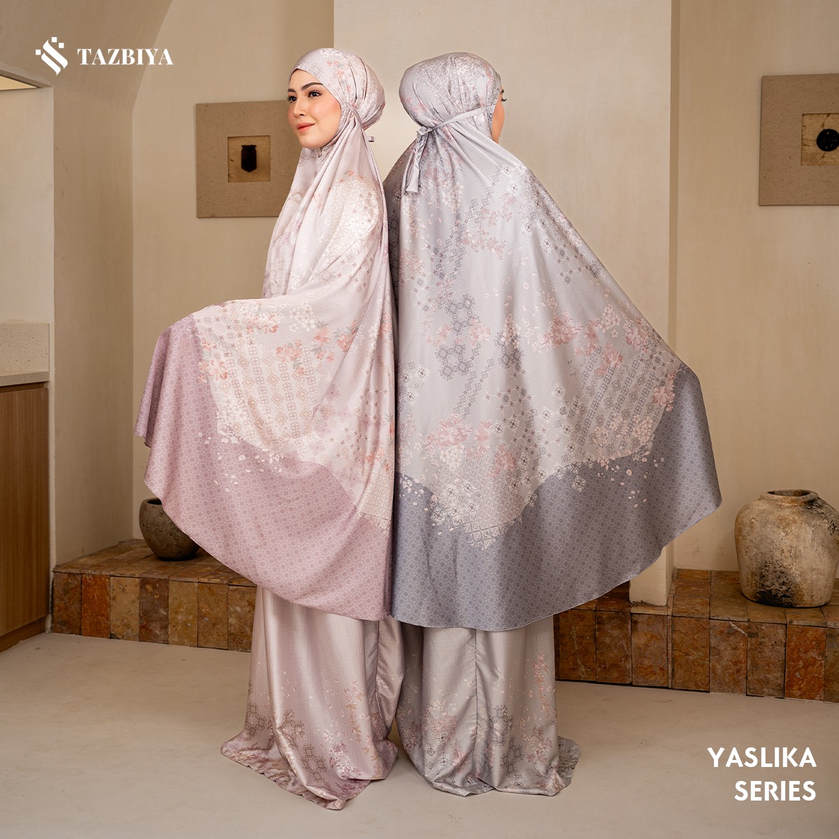 TAZBIYA - Mukena Silk YASLIKA Series (Mukena Dewasa Motif Bunga Bahan Silk 2 in 1 dengan Sajadah Mini Pouch Mutiara)