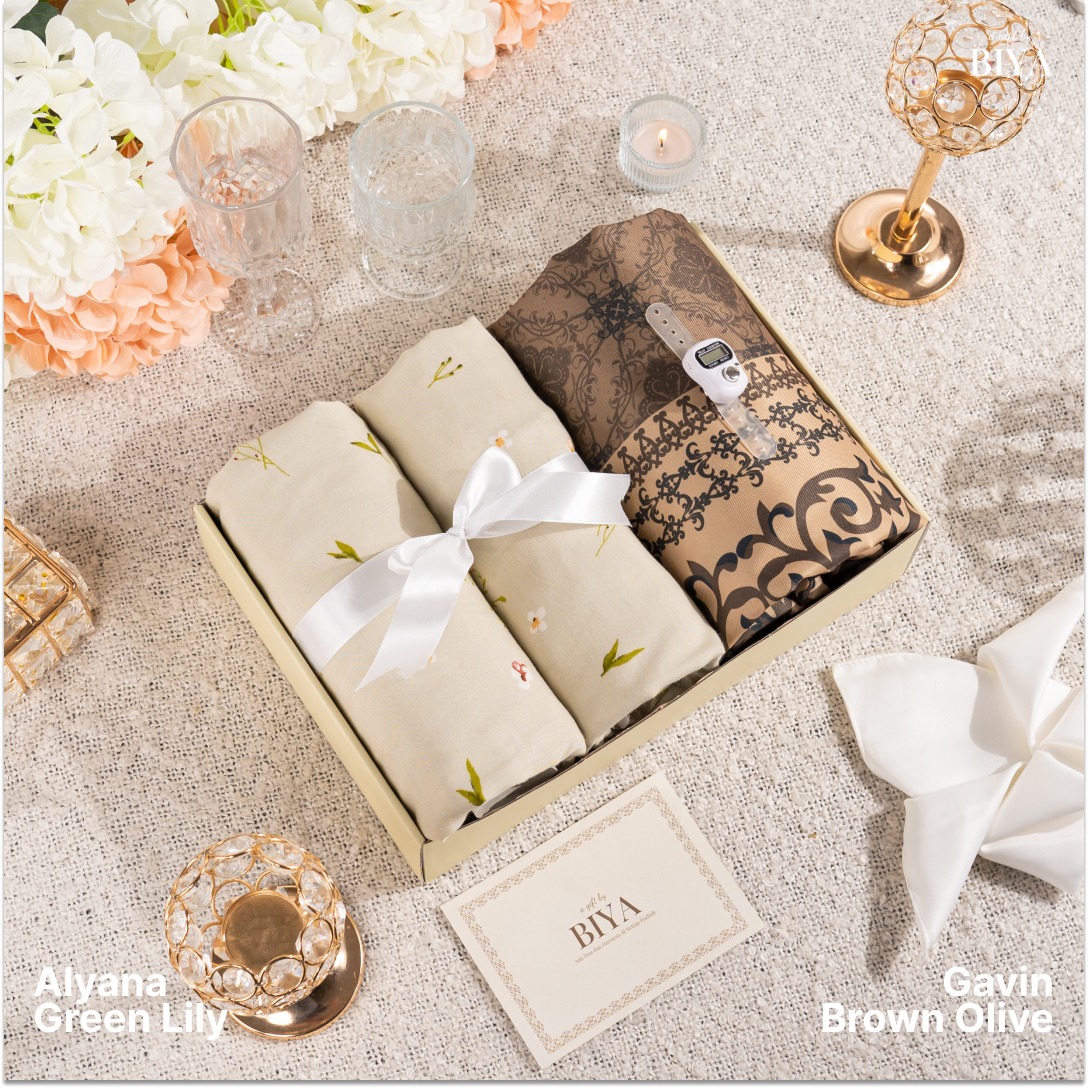 TAZBIYA - Gift Set Couple Mukena & Sarung (Raya Hampers Gift Box Raya Couple Isi Mukena dan Sarung)
