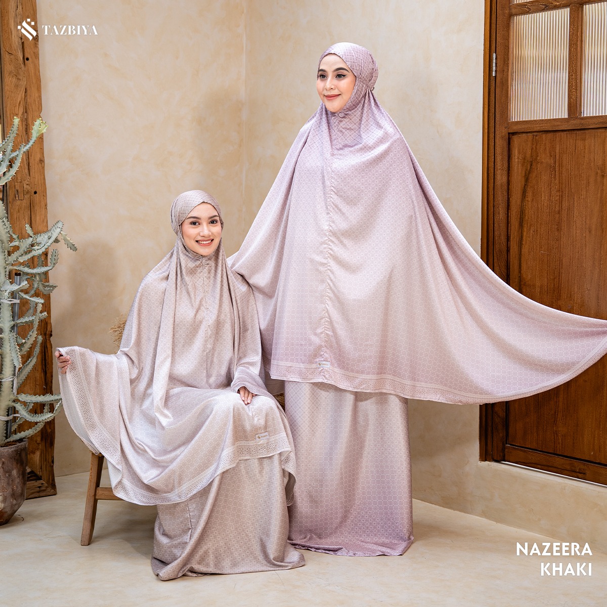 TAZBIYA - Mukena Silk NAZEERA Series (Mukena Dewasa Motif Monogram Bahan Silk 2 in 1 dengan Sajadah Mini Pouch)