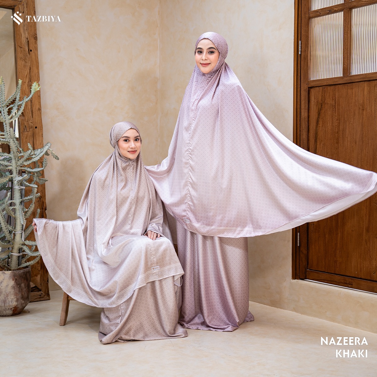 TAZBIYA - Mukena Silk NAZEERA Series (Mukena Dewasa Motif Monogram Bahan Silk 2 in 1 dengan Sajadah Mini Pouch)