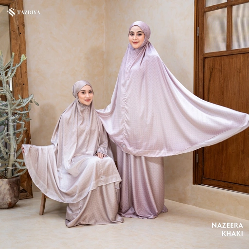 TAZBIYA - Mukena Silk NAZEERA Series (Mukena Dewasa Motif Monogram Bahan Silk 2 in 1 dengan Sajadah Mini Pouch)