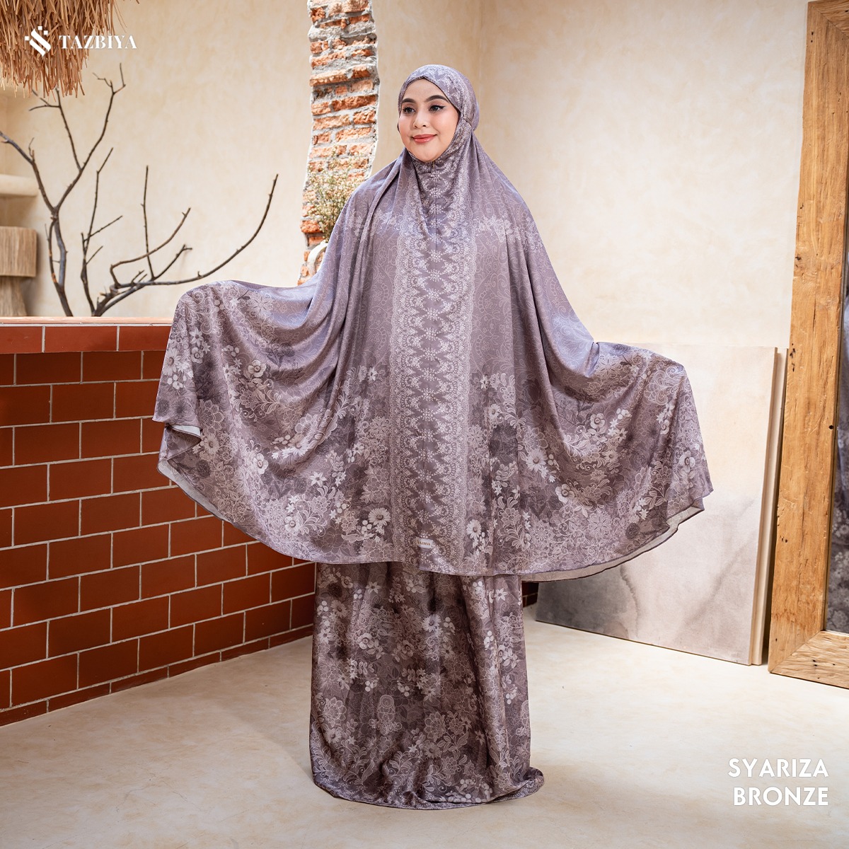 TAZBIYA - Mukena Silk SYARIZA Series (Mukena Dewasa Motif Floral Bahan Silk 2 in 1 dengan Sajadah Mini Pouch)