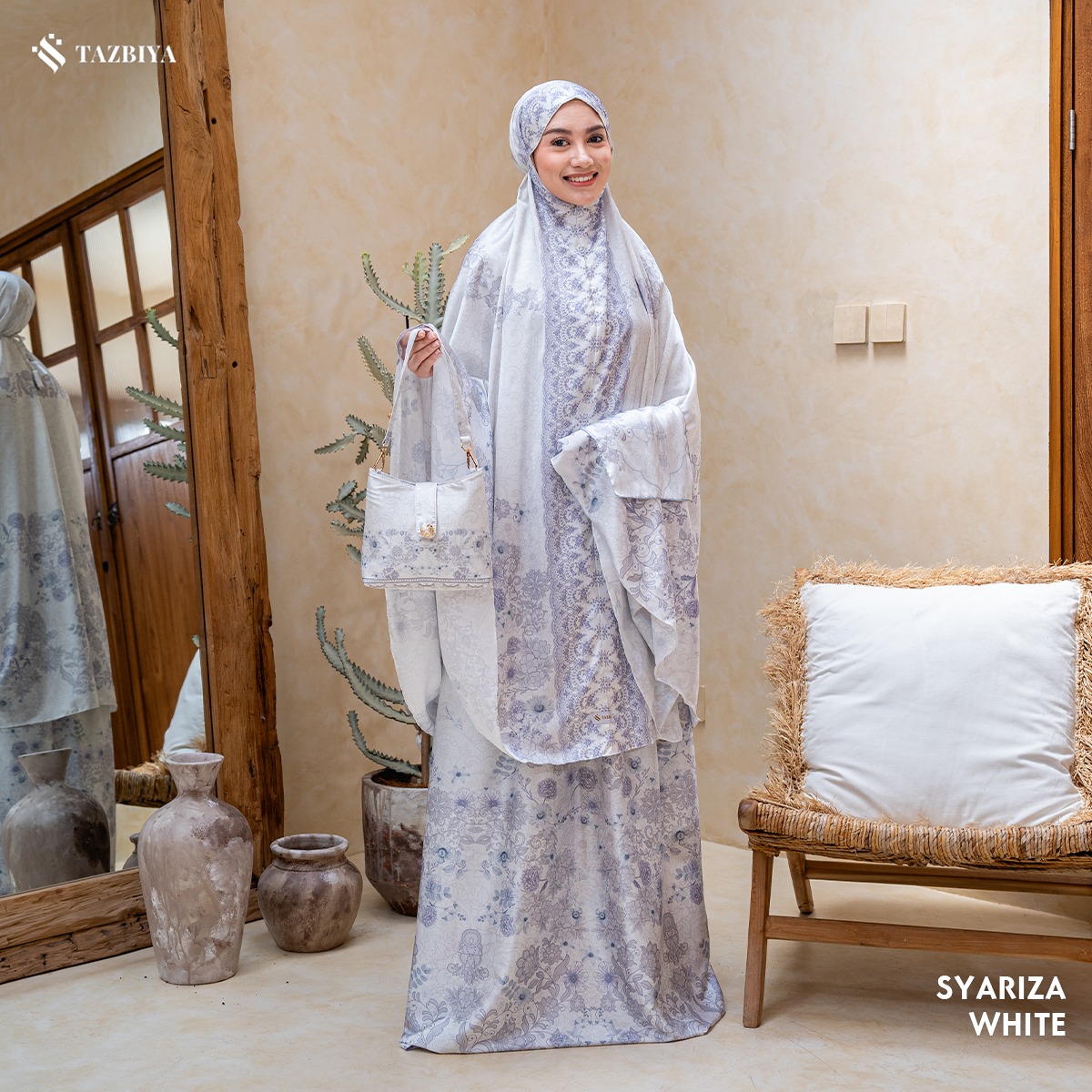 TAZBIYA - Mukena Silk SYARIZA Series (Mukena Dewasa Motif Floral Bahan Silk 2 in 1 dengan Sajadah Mini Pouch)
