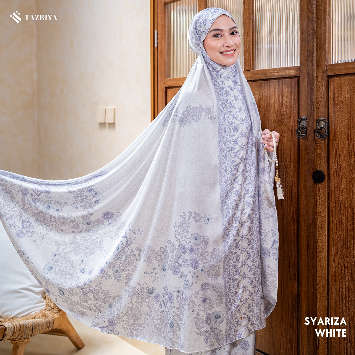 TAZBIYA - Mukena Silk SYARIZA Series (Mukena Dewasa Motif Floral Bahan Silk 2 in 1 dengan Sajadah Mini Pouch)