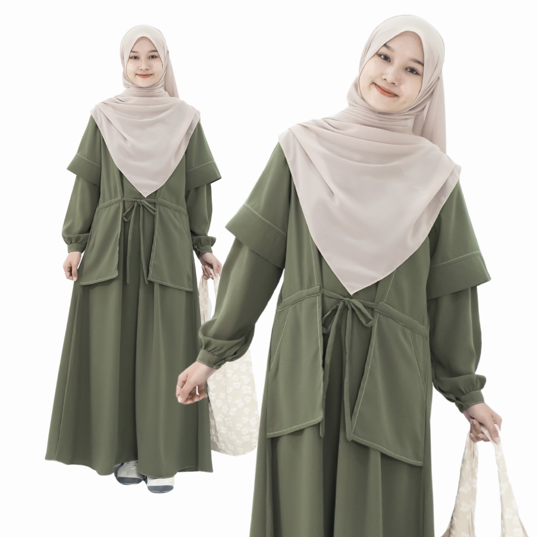 Mininos Kiyomi Dress Gamis Pocket Daily Serut Wanita Muslimah