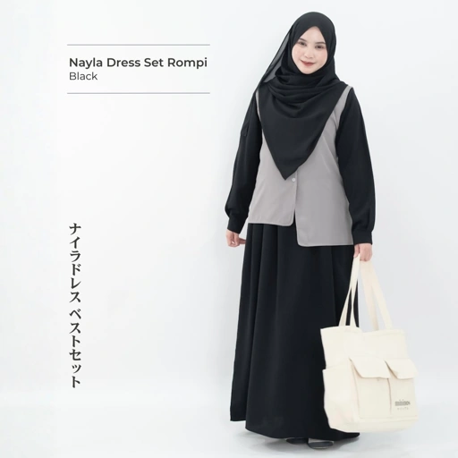 Image of Mininos Nayla Dress Set Rompi | Setelan Gamis Luaran Daily Remaja Muslimah