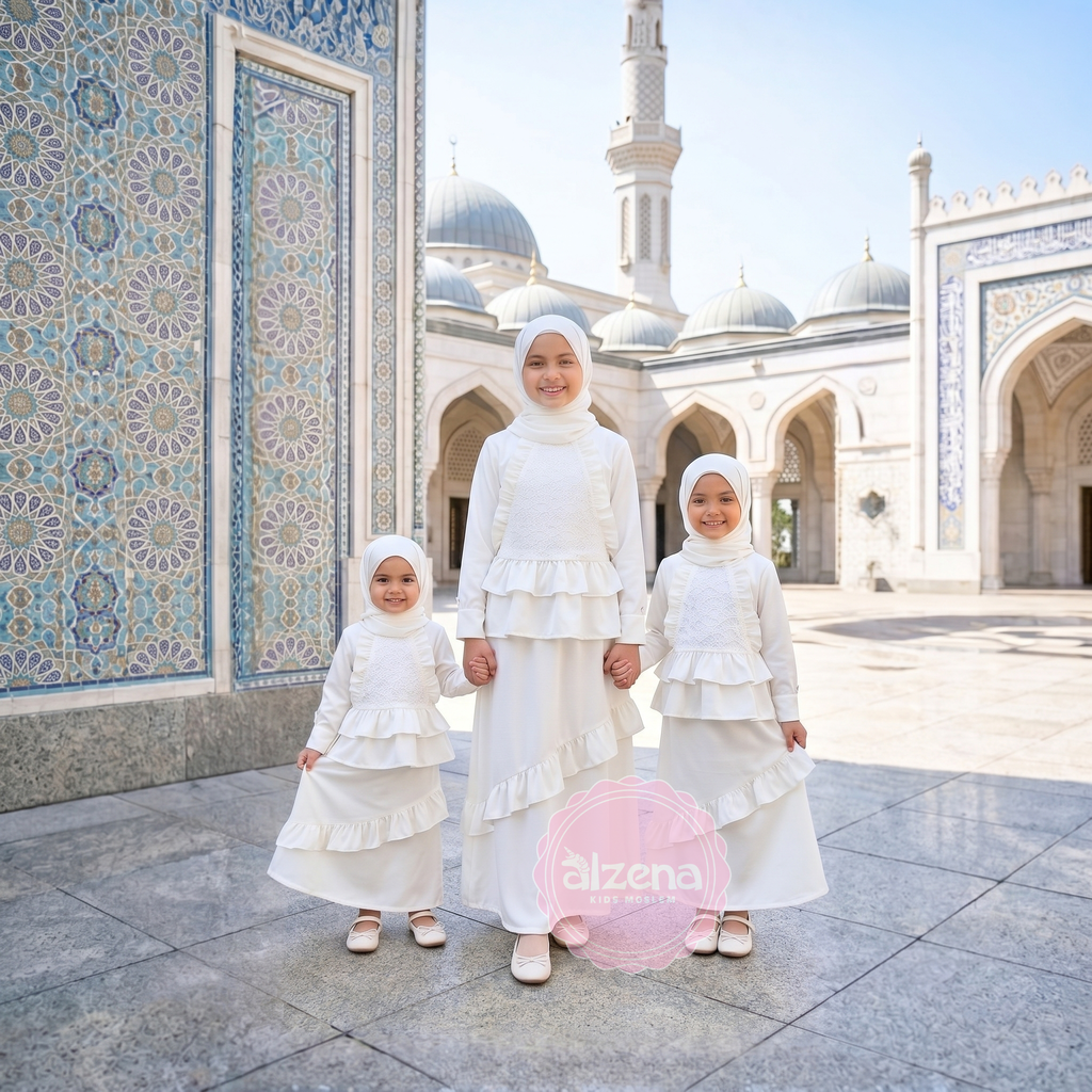 Gamis Anak Perempuan Putih Premium Set Rok & Atasan | Baju Muslim Anak Kekinian Yuniar By Alzena Kids Moslem