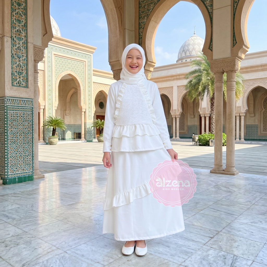 Gamis Anak Perempuan Putih Premium Set Rok & Atasan | Baju Muslim Anak Kekinian Yuniar By Alzena Kids Moslem