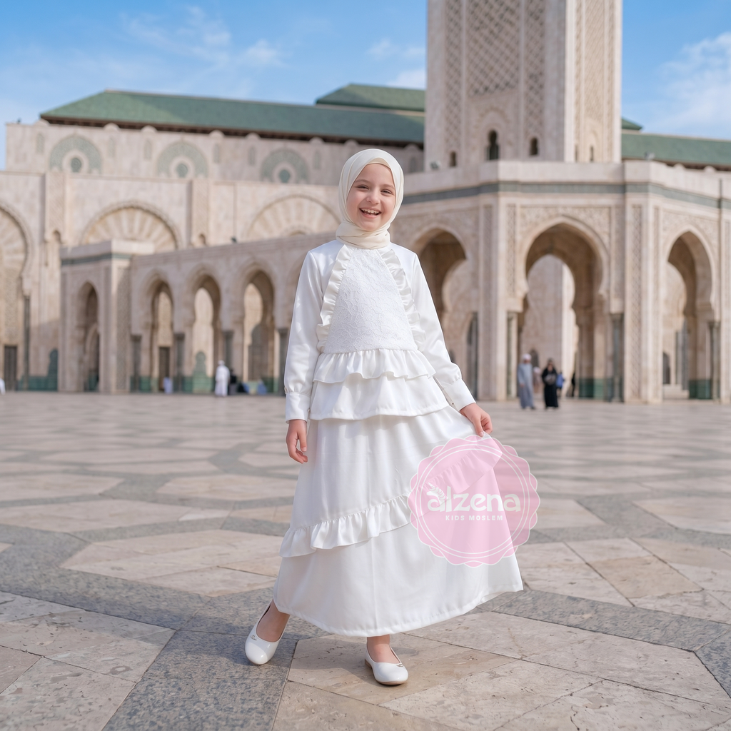 Gamis Anak Perempuan Putih Premium Set Rok & Atasan | Baju Muslim Anak Kekinian Yuniar By Alzena Kids Moslem