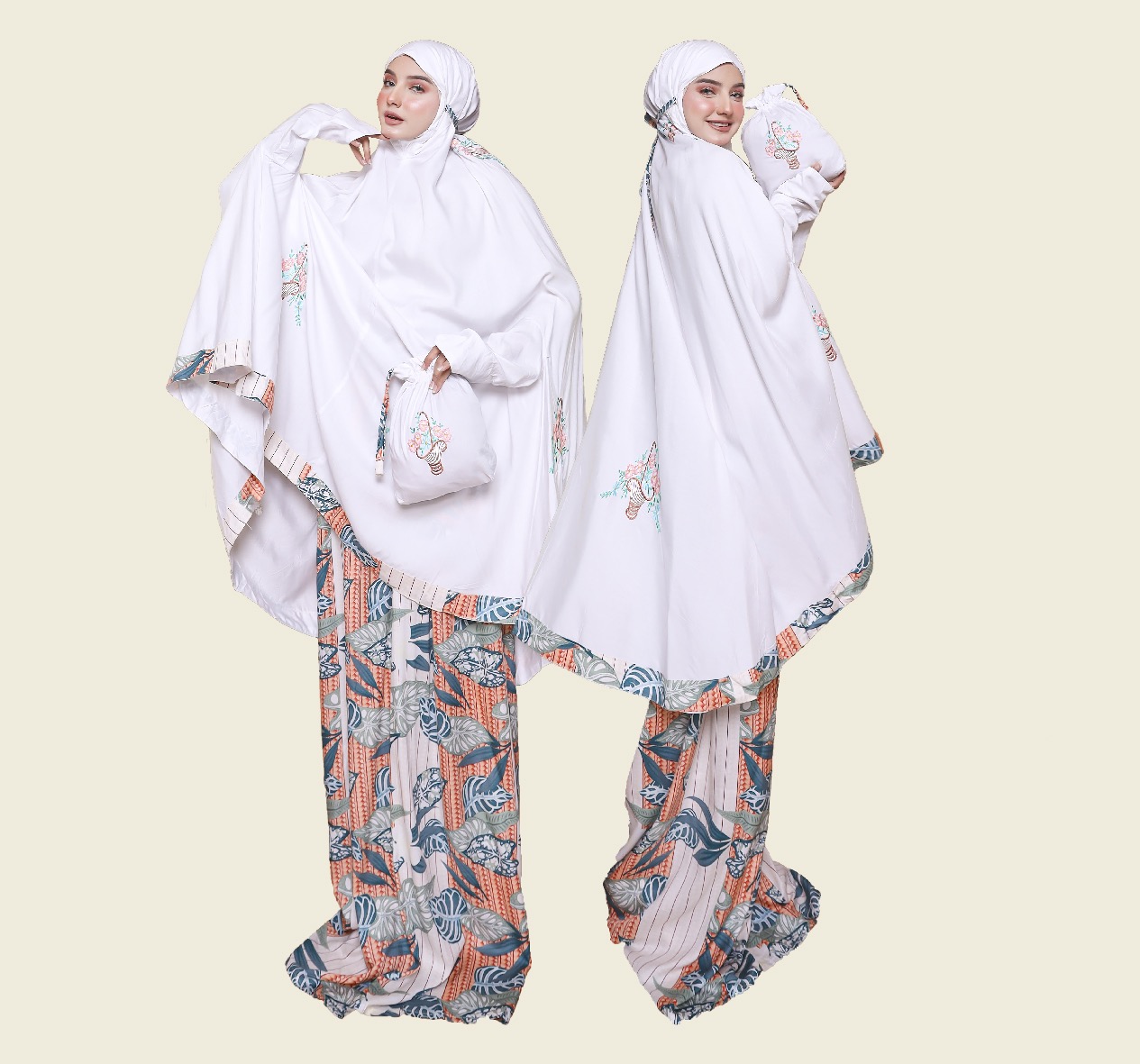 Atas Bawah Berlengan Bordir Tabur Motif Leaf Putih