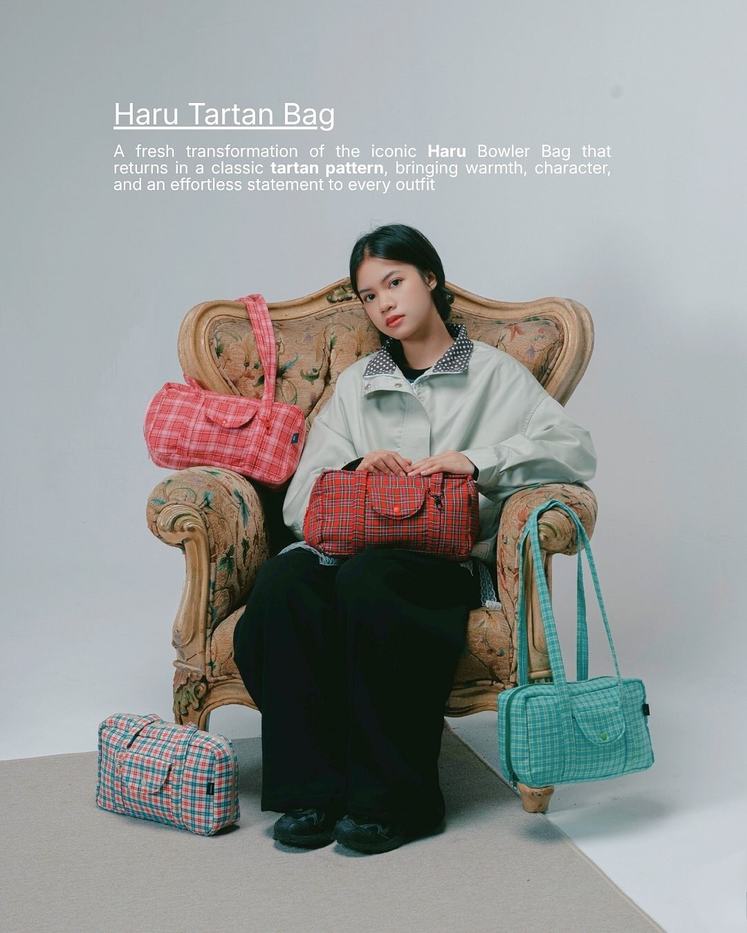 IMOKEY Haru Tartan Bag | Tartan Bowler Bag | Tas Pattern | Tas Wanita | Tas Lucu