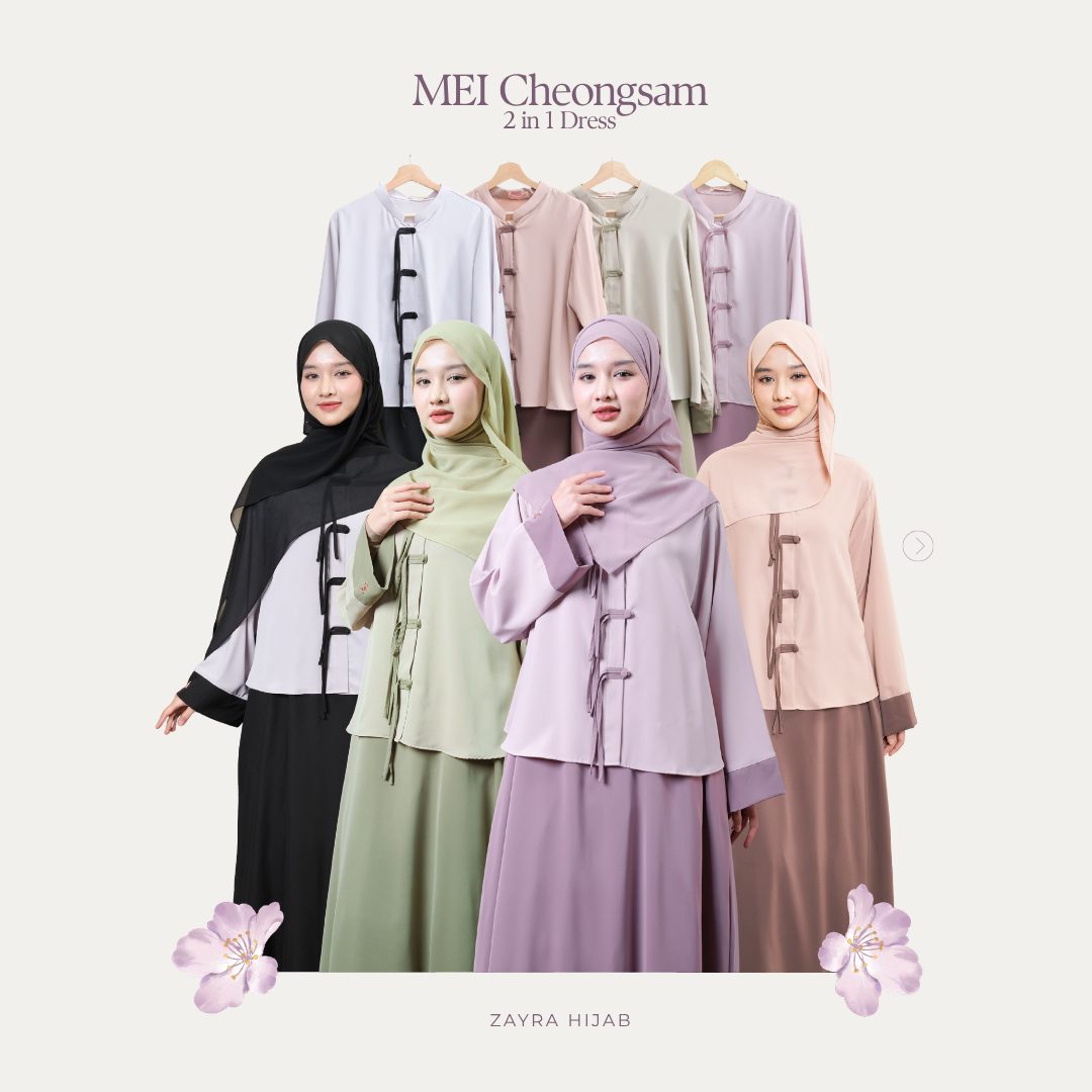 Zayra Hijab | Mei Cheongsam - Dress Korean Style Hijab Feminine Look Anti-Uv One Set Wanita Kekinian Casual Premium