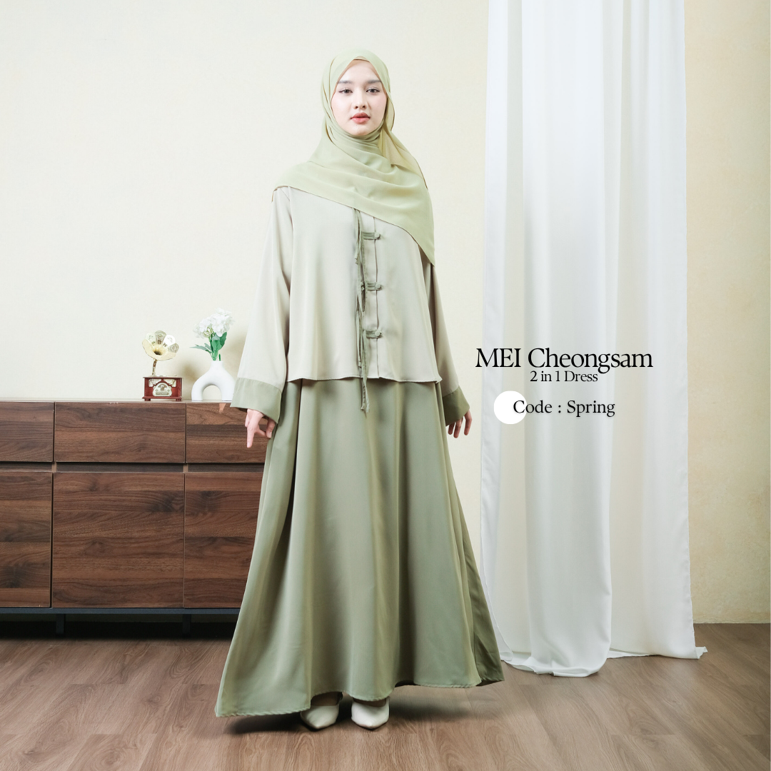 Zayra Hijab | Mei Cheongsam - Dress Korean Style Hijab Feminine Look Anti-Uv One Set Wanita Kekinian Casual Premium