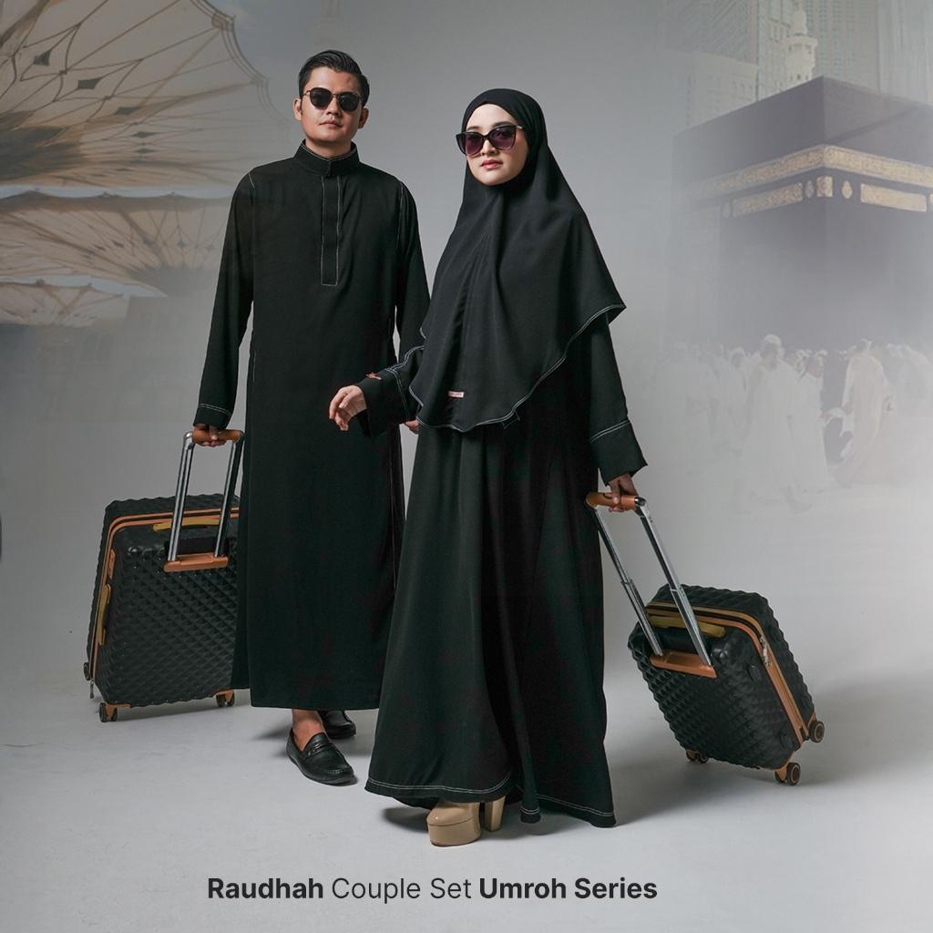 Zayra Hijab Raudhah Set Couple Umroh Abaya Gamis Wanita Jubah Hitam Pria Thobe Premium Terbaru Muslim Pasangan Syari