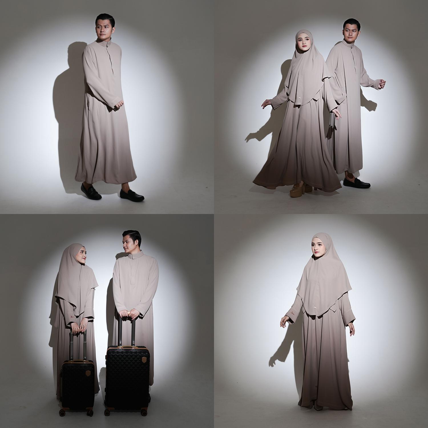 Zayra Hijab Raudhah Set Couple Umroh Abaya Gamis Wanita Jubah Hitam Pria Thobe Premium Terbaru Muslim Pasangan Syari