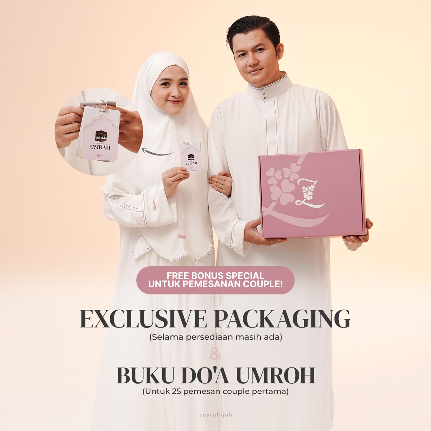 Zayra Hijab Raudhah Set Couple Umroh Abaya Gamis Wanita Jubah Hitam Pria Thobe Premium Terbaru Muslim Pasangan Syari
