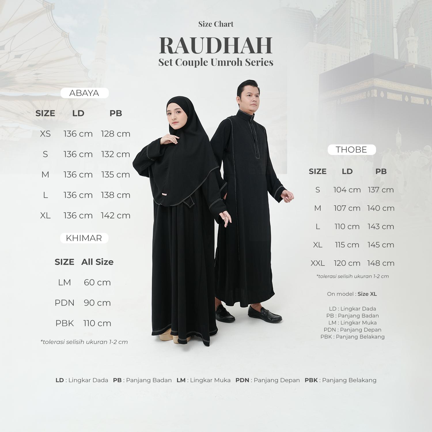 Zayra Hijab Raudhah Set Couple Umroh Abaya Gamis Wanita Jubah Hitam Pria Thobe Premium Terbaru Muslim Pasangan Syari