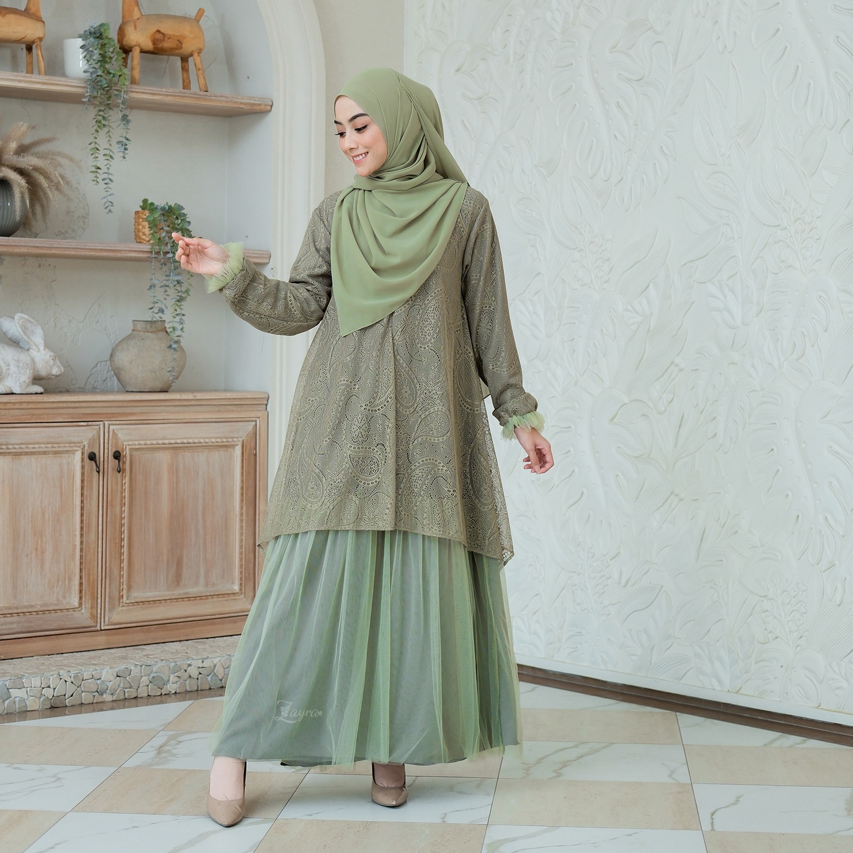Zayra Hijab | Kalila Sage - Dress Gamis Wanita Brokat Kondangan Lebaran Jumbo Elegan Koko Anak Dewasa Panjang Pendek Family Set Sarimbit Premium Terbaru