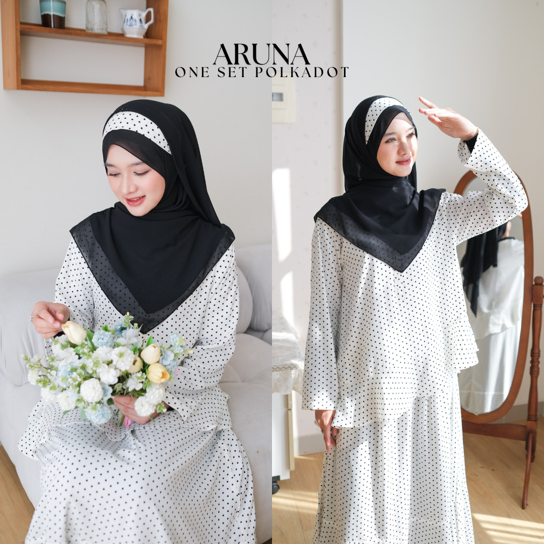 Zayra Hijab | Aruna - Setelan Wanita One Set Trumpet Skirt Blouse Ruffle Babydoll Polkadot Premium Terbaru Free Bando Polka