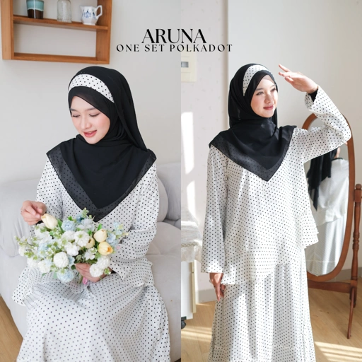 Zayra Hijab | Aruna - Setelan Wanita One Set Trumpet Skirt Blouse Ruffle Babydoll Polkadot Premium Terbaru Free Bando Polka