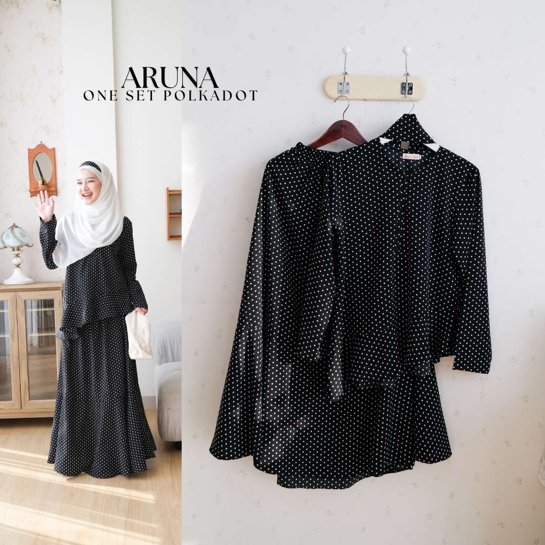 Zayra Hijab | Aruna - Setelan Wanita One Set Trumpet Skirt Blouse Ruffle Babydoll Polkadot Premium Terbaru Free Bando Polka