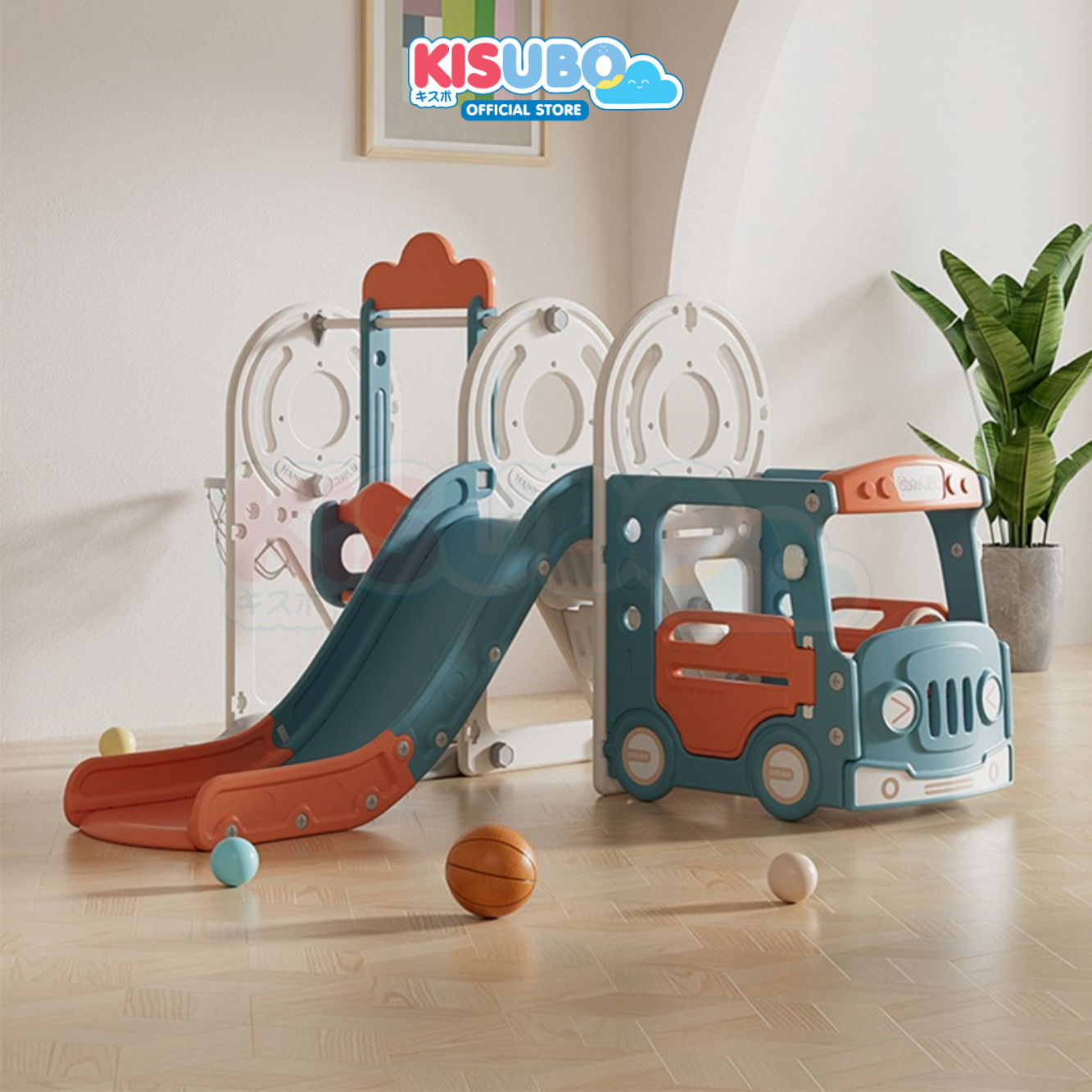 KISUBO Kids Playground 4in1 Swing Slide Basket Ring Bus Ride