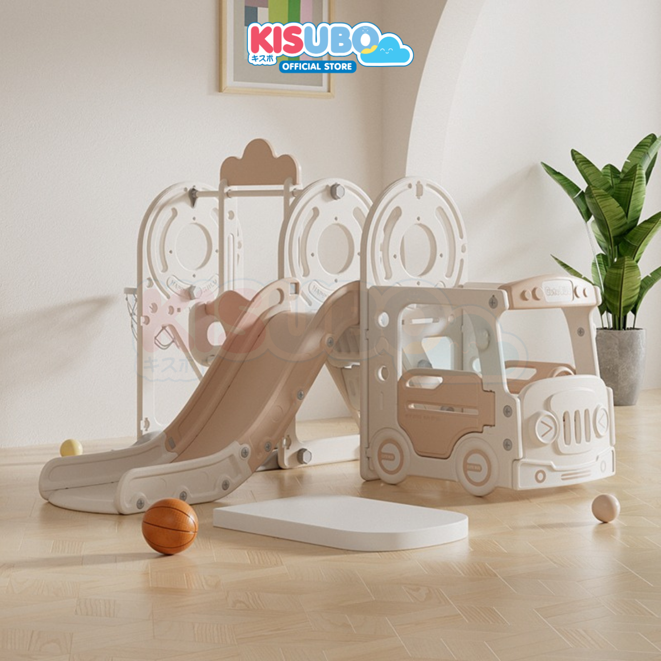 KISUBO Kids Playground 4in1 Swing Slide Basket Ring Bus Ride