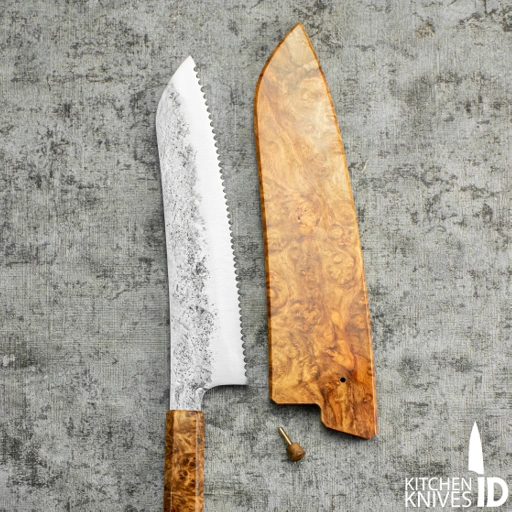 Image of  Bread Knife 210mm nashiji,  Full Amboyna burl Set