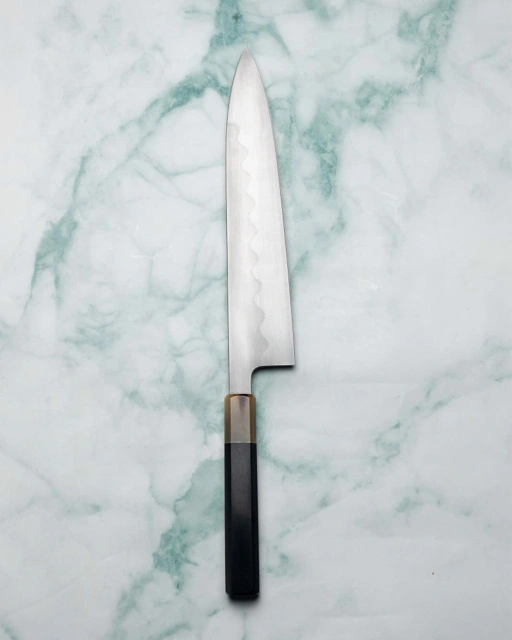 Image of Kanefusa Honyaki Gyuto 250mm, Ebony Handle w/ Blonde Horn + Rosewood Saya