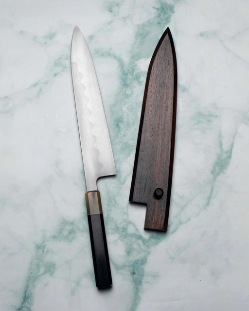 Image of Kanefusa Honyaki Gyuto 250mm, Ebony Handle w/ Blonde Horn + Rosewood Saya
