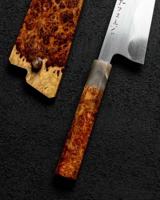 Image of Keskin Gyuto 240mm, Amboyna Burl Dress w/ Blonde Horn #002