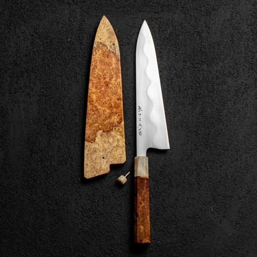 Image of Keskin Gyuto 240mm, Amboyna Burl Dress w/ Blonde Horn #003
