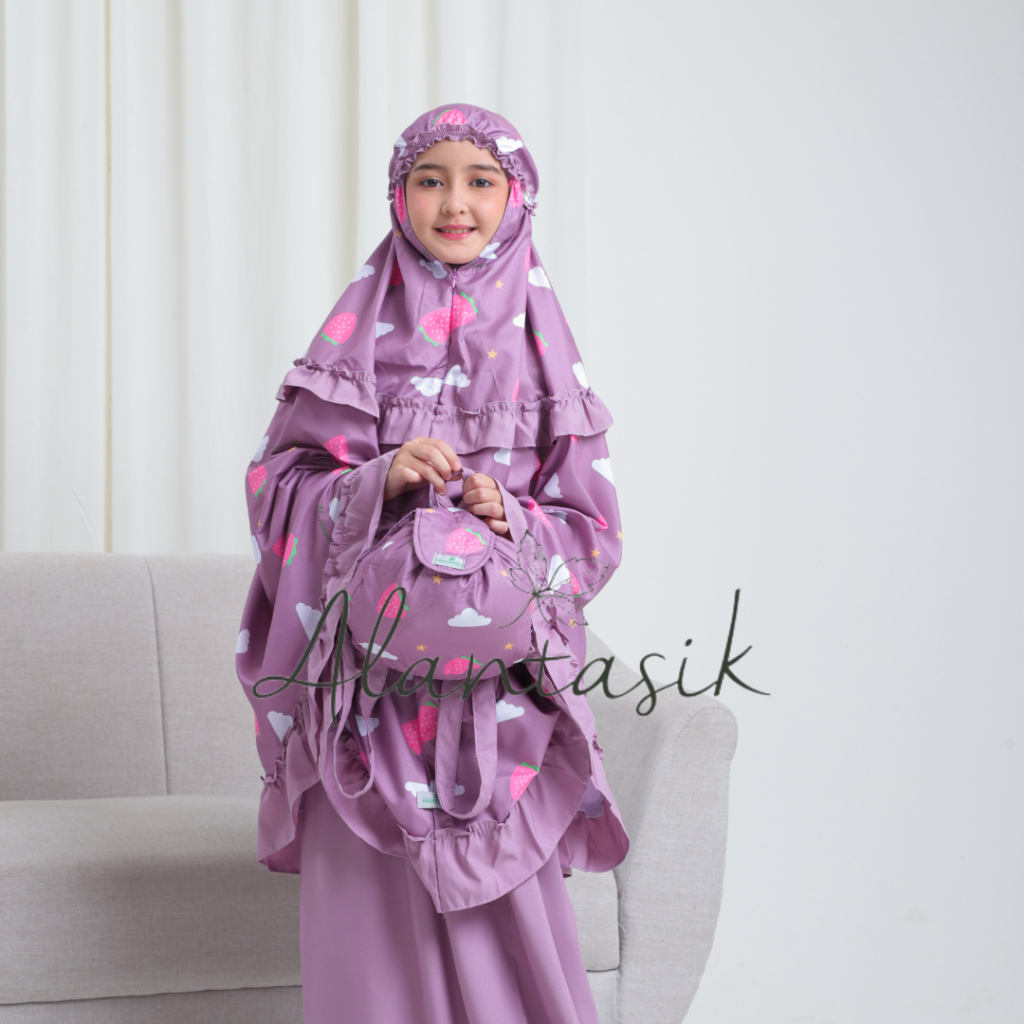 Alantasik Mukena anak motif STRAWBERY awan 2in1 travel kisaran 3-15 tahun traveling anak tanggung SD