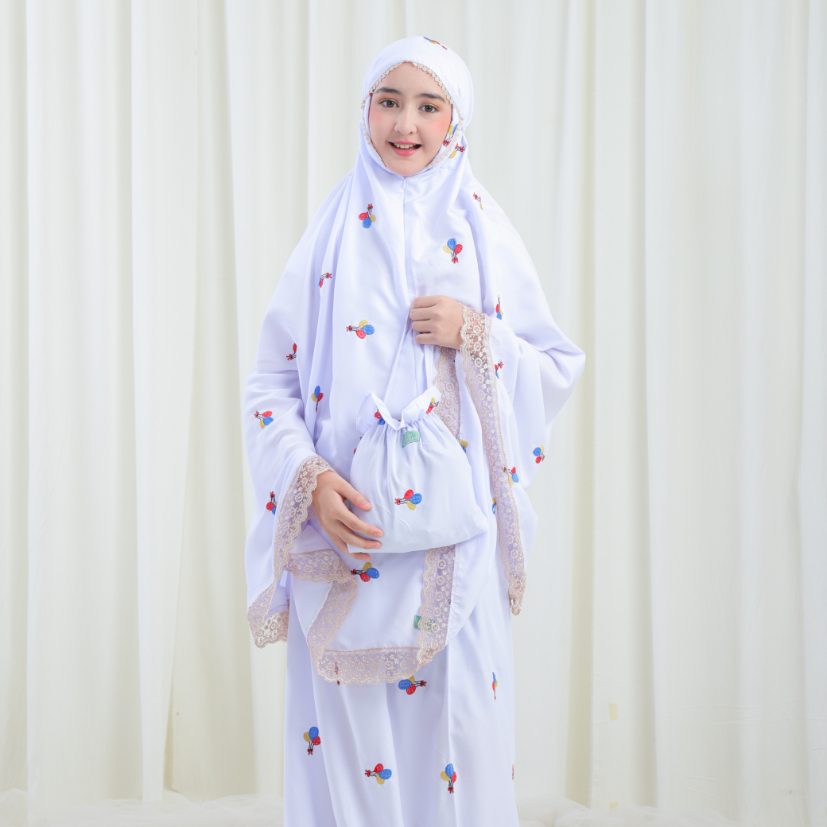Mukena Anak pita balon 2 in 1 bordir timbul dengan renda mewah kisaran 5,6,7,8,9,10,11,12,13,14 tahun