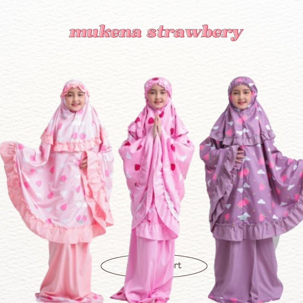 Alantasik Mukena anak motif STRAWBERY awan 2in1 travel kisaran 3-15 tahun traveling anak tanggung SD