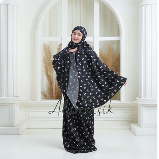 Image of Mukena anak motif lucu remaja tanggung MK01 bunga pita 2in1 travel kisaran 6 9 14 tahun Alantasik